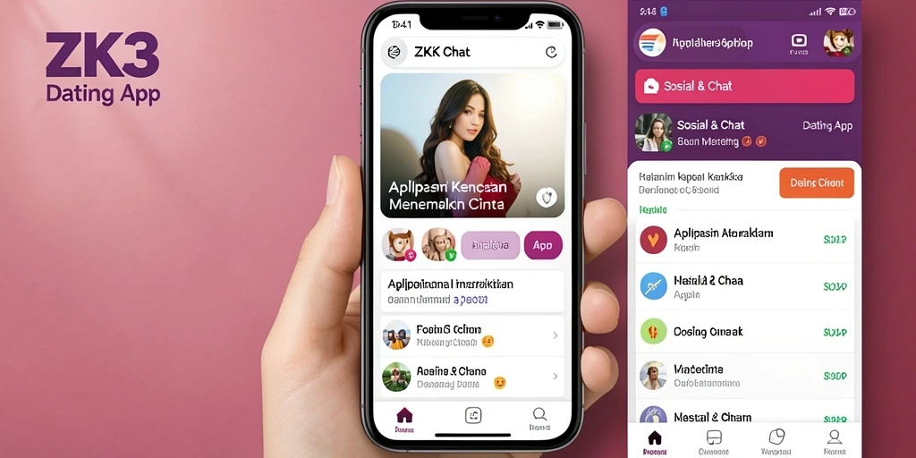 Tampilan antarmuka ZK3 yang modern dan menarik untuk aplikasi Dating App.